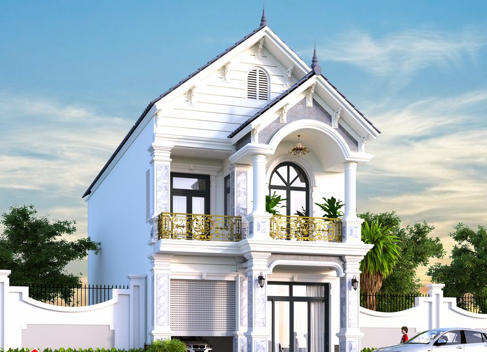 Nhà 2 tầng mái thái có điểm nhấn là các hoạ tiết cổ điển. Ảnh: Songphatconstruction