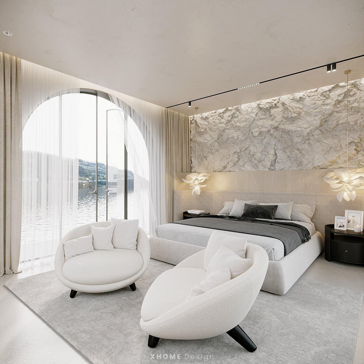 Phòng ngủ thoáng đãng với view hồ mát mẻ.