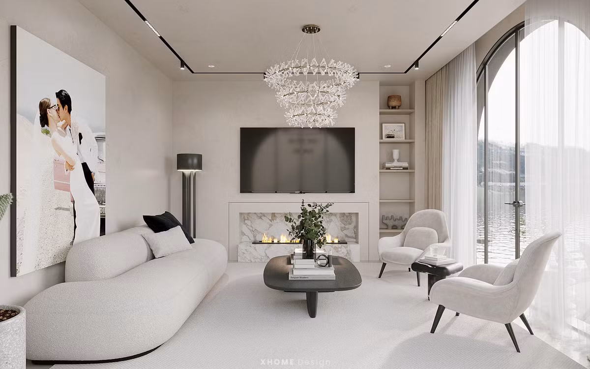 Căn nhà sử dụng gam màu trắng mát mẻ với view hồ tạo cảm giác gần gũi thiên nhiên.