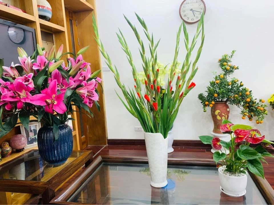 Bởi thế, điểm nhấn phòng khách chính là kệ để bày trí những chiếc bình hoa xinh xắn.