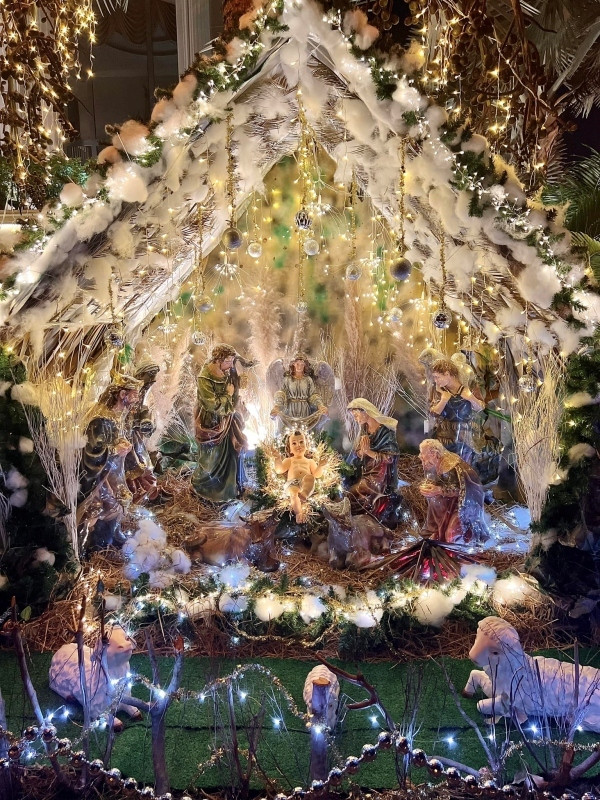 Nữ ca sĩ tỉ mỉ trang trí hang động Giáng sinh, tạo hình cầu kỳ và gắn đèn lấp lánh.