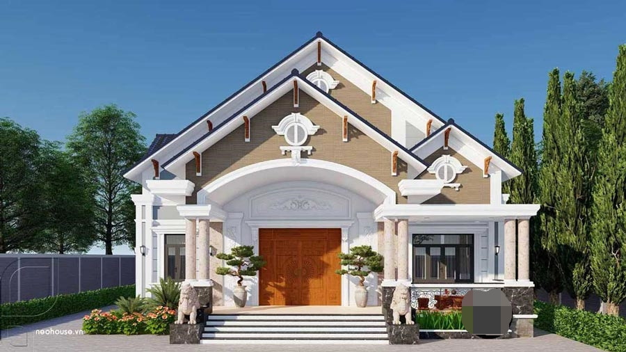 Nhà cấp 4 mái thái sử dụng hệ thống trụ cột tròn đẹp mắt cùng khuôn viên sân vườn xanh mát. Ảnh: Neohouse