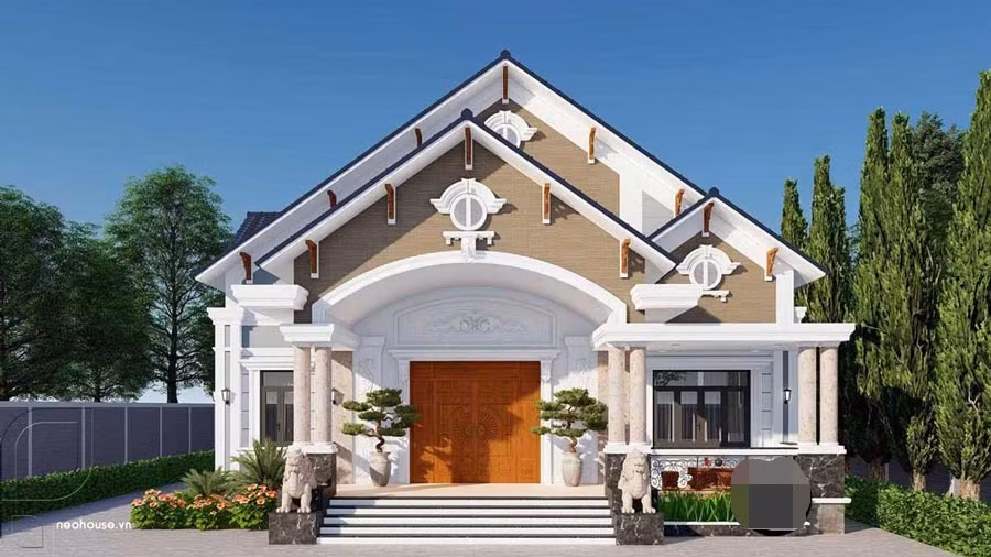 Nhà cấp 4 mái thái sử dụng hệ thống trụ cột tròn đẹp mắt cùng khuôn viên sân vườn xanh mát. Ảnh: Neohouse