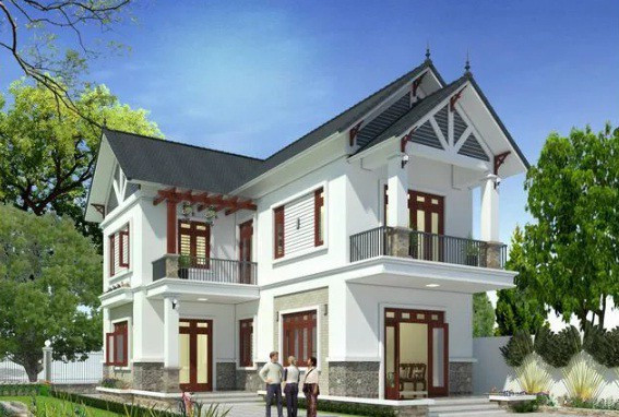 Ngôi nhà mang kiểu dáng kiến trúc biệt thự mini 2 tầng với mặt tiền bên ngoài hiện đại đơn giản. Ảnh: Thietkenhadepmoi.