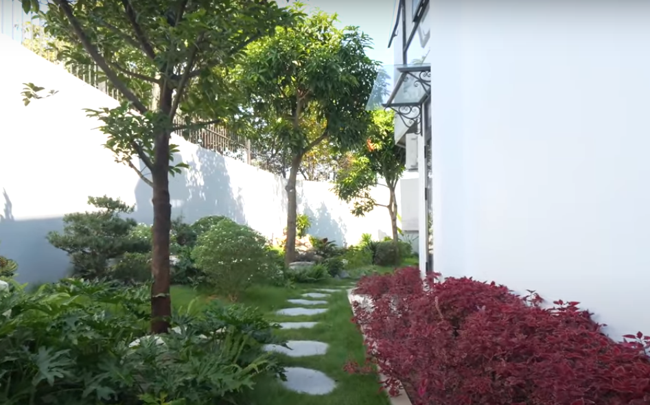 Khuôn viên sân vườn căn biệt thự được chăm chút kỹ lưỡng với các lối đi được lát đá đẹp mắt.