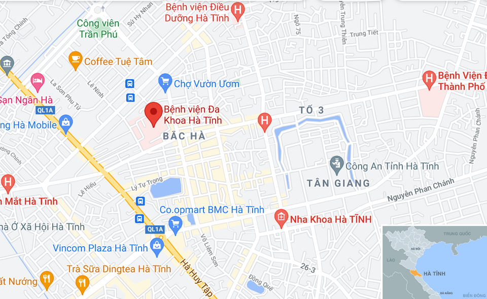 Vị trí Bệnh viện Đa khoa Hà Tĩnh. Ảnh: Google Maps.