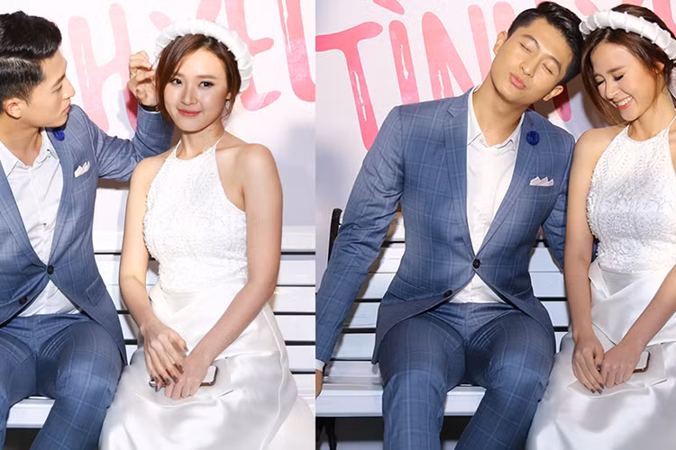 Midu - Harry Lu vướng tin đồn phim giả tình thật sau khi đóng chung phim điện ảnh “4 năm 2 chàng trai 1 tình yêu” ra mắt năm 2016. Trong ảnh, cả hai không ngại tình tứ tại buổi ra mắt phim. Ảnh: Thể thao văn hóa