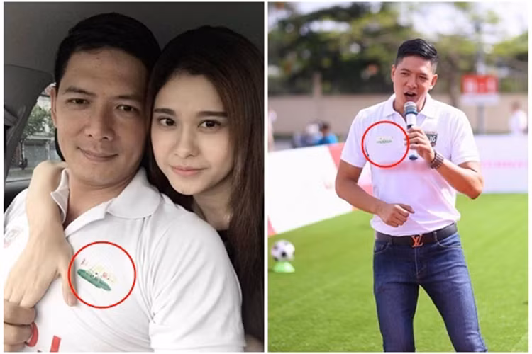 Bình Minh bên Trương Quỳnh Anh mặc chiếc áo in logo Cầu thủ nhí 2016. Ảnh: Infonet