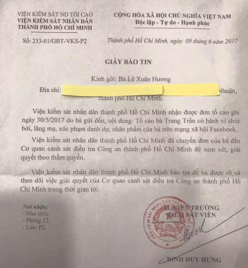 Nghệ sĩ Xuân Hương gửi đơn tố cáo cựu người mẫu Trang Trần. Ảnh: Vietnamnet