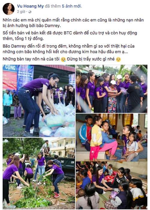 Phát ngôn của Hoàng My về hoa hậu và bão Damrey khiến người đẹp bị chỉ trích dữ dội. Sau đó Hoàng My đã xóa dòng chia sẻ và lên tiếng xin lỗi. Người đẹp phân trần cô không bao giờ có ý so sánh sự tang tóc mất mát của người dân với "cơn bão" mà một hoa hậu sẽ phải đón nhận. Trước Hoàng My, không ít sao Việt dính scandal vạ miệng năm 2017. Ảnh: chụp màn hình
