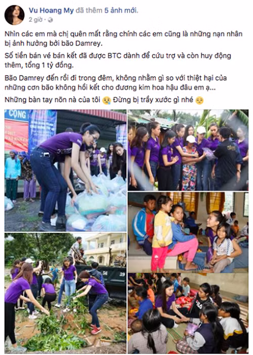 Phát ngôn của Hoàng My về hoa hậu và bão Damrey khiến người đẹp bị chỉ trích dữ dội. Sau đó Hoàng My đã xóa dòng chia sẻ và lên tiếng xin lỗi. Người đẹp phân trần cô không bao giờ có ý so sánh sự tang tóc mất mát của người dân với "cơn bão" mà một hoa hậu sẽ phải đón nhận. Trước Hoàng My, không ít sao Việt dính scandal vạ miệng năm 2017. Ảnh: chụp màn hình