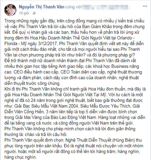 Tâm thư khá dài dòng của Phi Thanh Vân.