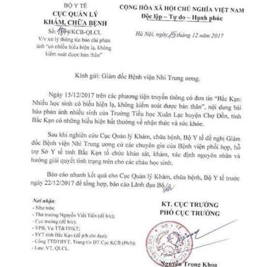 Công văn đề nghị BV Nhi Trung ương cử chuyên gia xác định nguyên nhân vụ việc.