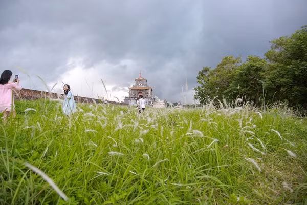 Khung cảnh nhẹ nhàng, lãng mạn của hoa cỏ lau hòa với nét cổ kính của Thượng thành Huế. 