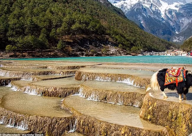Thung lũng Lam Nguyệt, gần Lệ Giang, tỉnh Vân Nam, Trung Quốc. Tuyết tan từ trên núi chảy xuống tạo thành những bậc thềm nước màu lam tuyệt đẹp.