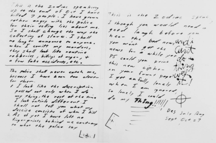Sát thủ Zodiac là tên giết người hàng loạt khét tiếng ở Bắc California vào cuối năm 1960 và đầu những năm 1970. Y đã gửi thư nạc danh đến báo chí và thú nhận là thủ phạm của 37 vụ giết người. Tuy nhiên, danh tính của tên sát thủ này đến nay vẫn còn là một điều bí ẩn. Ảnh: Getty.