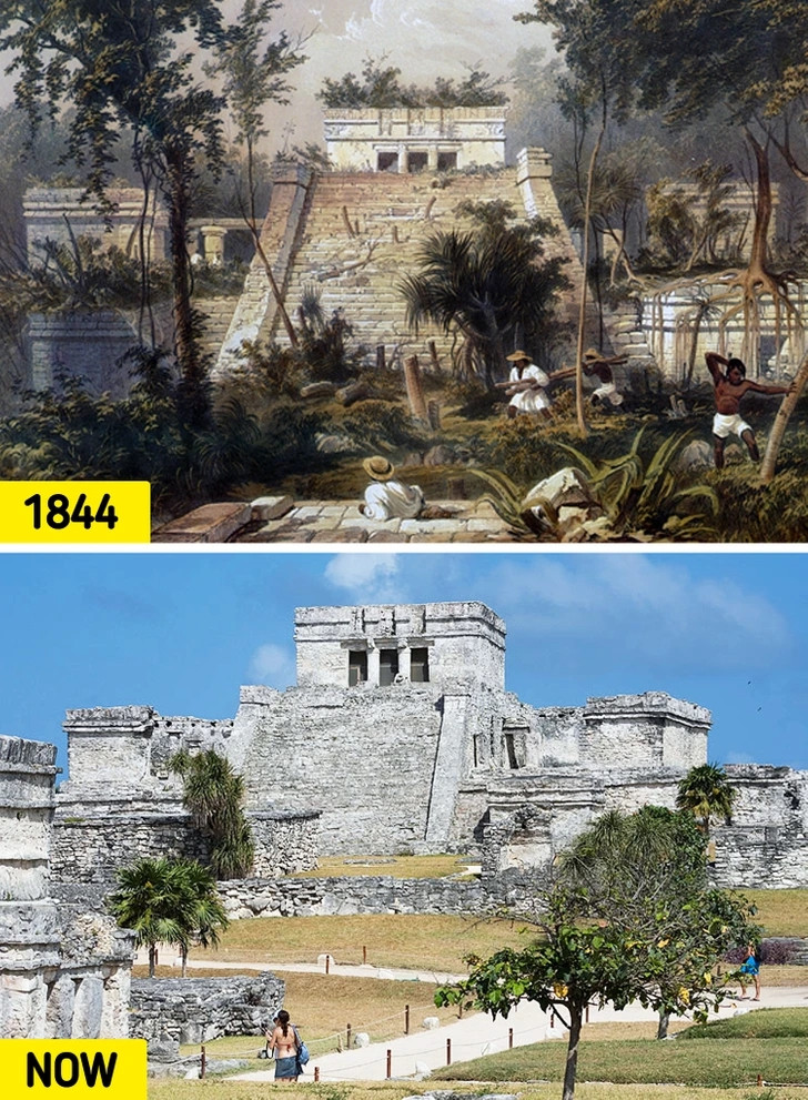 5. Tulum, Quintana Roo, Mexico: Tulum là tàn tích của người Maya thời tiền Columbus, từng là cảng chính của Coba, thuộc bang Quintana Roo của Mexico. Các di tích nằm trên vách đá cao 12 mét dọc theo bờ biển phía Đông của bán đảo Yucatán trên biển Caribbean.