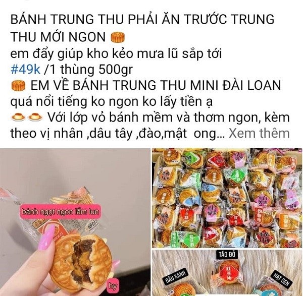Thời gian gần đây, trên mạng xã hội rao bán tràn lan loại bánh trung thu mini theo cân, giá dao động khoảng trên dưới 100.000 đồng/kg. Cụ thể, mỗi thùng chứa khoảng 25 chiếc bánh trung thu cỡ nhỏ đủ loại màu sắc, hương vị khác nhau. Tính ra giá chỉ 4.000 đồng/chiếc. (Ảnh chụp màn hình). 