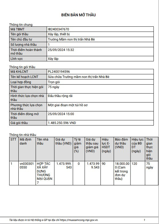 TP HCM: 1 nhà thầu dự gói xây lắp hơn 1,4 tỷ tại Nhà Bè TP HCM: 1 nha thau du goi xay lap hon 1,4 ty tai Nha Be