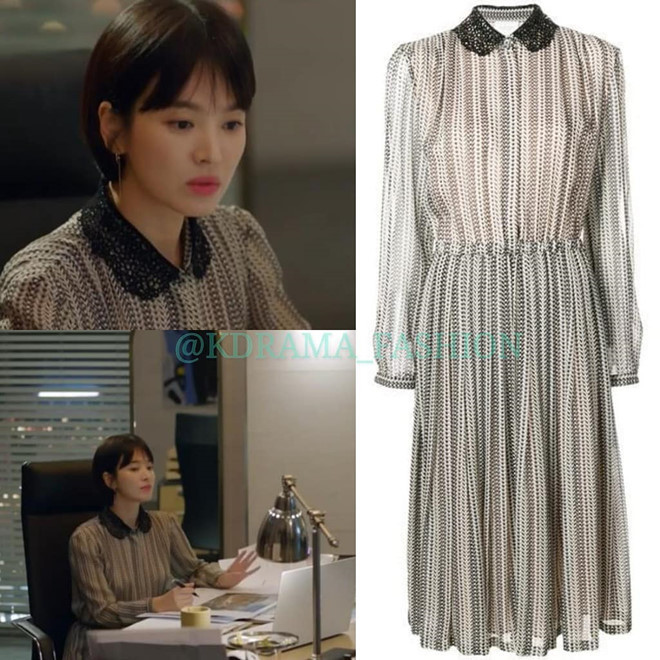 Những kiểu váy nữ tính cũng được stylist chọn cho nhân vật của Song Hye Kyo, trong đó có thiết kế họa tiết, phần cổ peter-pan của Giambattista Valli. Bộ cánh có giá thành đắt đỏ khoảng 2.336 USD (53 triệu đồng).