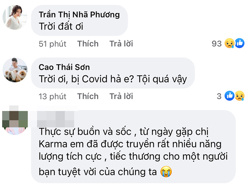 Nhiều sao Việt khác cũng bàng hoàng trước sự ra đi của Karma. Nhã Phương chia sẻ: "Trời đất ơi". Cao Thái Sơn viết: "Trời ơi, bị COVI-19 hả em? Tội quá vậy". Ảnh: Yan