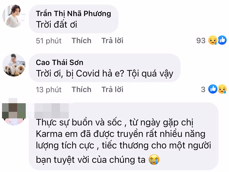 Nhiều sao Việt khác cũng bàng hoàng trước sự ra đi của Karma. Nhã Phương chia sẻ: "Trời đất ơi". Cao Thái Sơn viết: "Trời ơi, bị COVI-19 hả em? Tội quá vậy". Ảnh: Yan