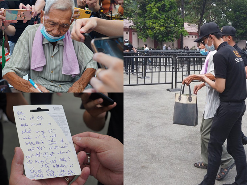 Tang lễ còn gây xúc động khi một cụ ông bệnh nặng, phải dùng máy trợ thở nhưng vẫn đến viếng nghệ sĩ Chí Tài. Ảnh: Lao động