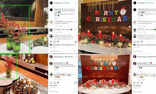Nhiều cư dân mạng đặt nghi vấn Lâm Bảo Châu chuẩn bị tiệc Giáng sinh cho Lệ Quyên còn bởi hình ảnh không gian Giáng sinh mà cặp đôi tin đồn chia sẻ giống nhau. Ảnh: Yan