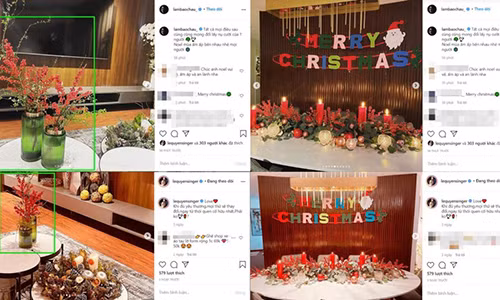 Nhiều cư dân mạng đặt nghi vấn Lâm Bảo Châu chuẩn bị tiệc Giáng sinh cho Lệ Quyên còn bởi hình ảnh không gian Giáng sinh mà cặp đôi tin đồn chia sẻ giống nhau. Ảnh: Yan