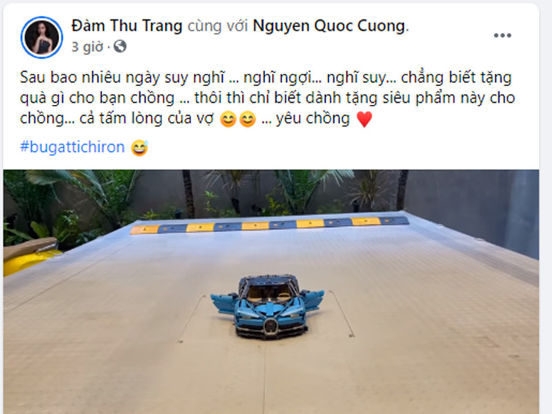 Mới đây, Đàm Thu Trang tặng quà cho ông xã Cường Đô la siêu xe mô hình. Tuy nhiên, Cường Đô la mong muốn một chiếc xe hàng thật hơn.