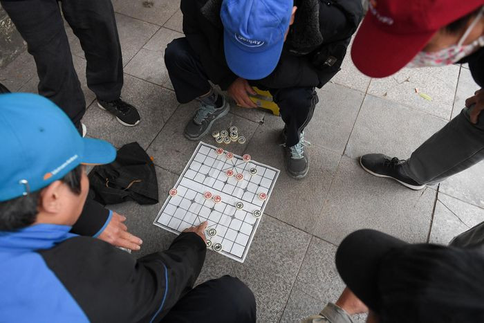 Nhóm đàn ông chơi cờ tướng bên hồ Hoàn Kiếm đều mặc áo rét. Nhiều người còn quàng khăn để tránh gió lùa.