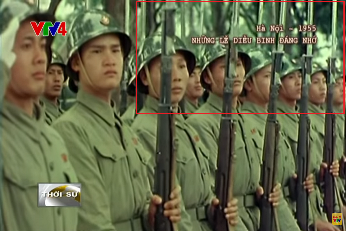 Cùng với những thước phim màu quý giá ghi lại lễ duyệt binh năm đó, có thể dễ dàng nhận ra khẩu súng trường được trang bị cho Quân đội Nhân dân Việt Nam khi đó chính là Gewehr 98 một mẫu súng trường do Đức chế tạo. Điều này một phần nào đó được chứng minh thông qua mẫu lưỡi lê đặc trưng dành cho Gewehr 98 là Seitengewehr 98/05 (trong vòng tròn đỏ). Nguồn ảnh: VTV.