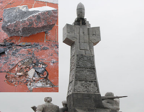 Tuy nhiên, sau sự vụ trên, người ta mới phát hiện ra công trình tiền tỉ và có chiều cao dễ bị sét đánh lại không có cột thu lôi. Đặc biệt, mặt trước của đỉnh tháp bị nứt toác, trên thân tượng đài xuất hiện nhiều vết nứt ngang dọc, chân tượng đài có hiện tượng lún sụt với những kẽ hở lớn cho thấy chất lượng công trình kém.