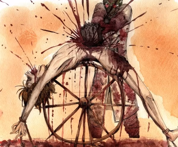 Bánh xe đẫm máu, đây là hình thức tra tấn khủng khiếp mà người hành quyết sẽ sử dụng một bánh xe với đầy những chông nhọn để cào nát cơ thể nạn nhân, đập nát xương của họ và cuối cùng khiến họ chết không toàn thây. (Theo Emgn)