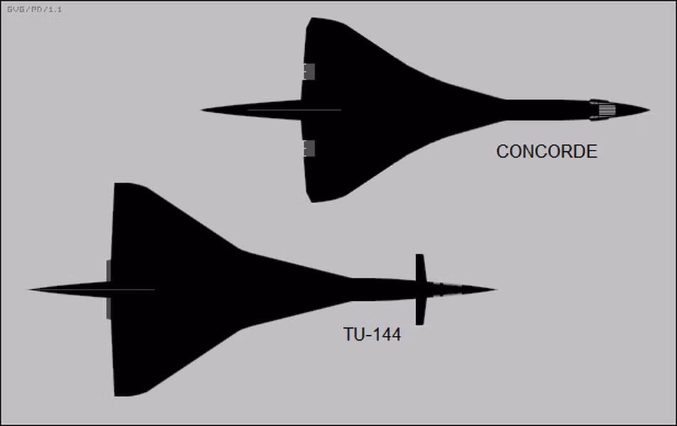 Tu-144 nặng hơn Concord 20 tấn và dài hơn khoảng 360cm, tuy nhiên nó lại có thiết kế khí động học tốt hơn so với đối thủ.