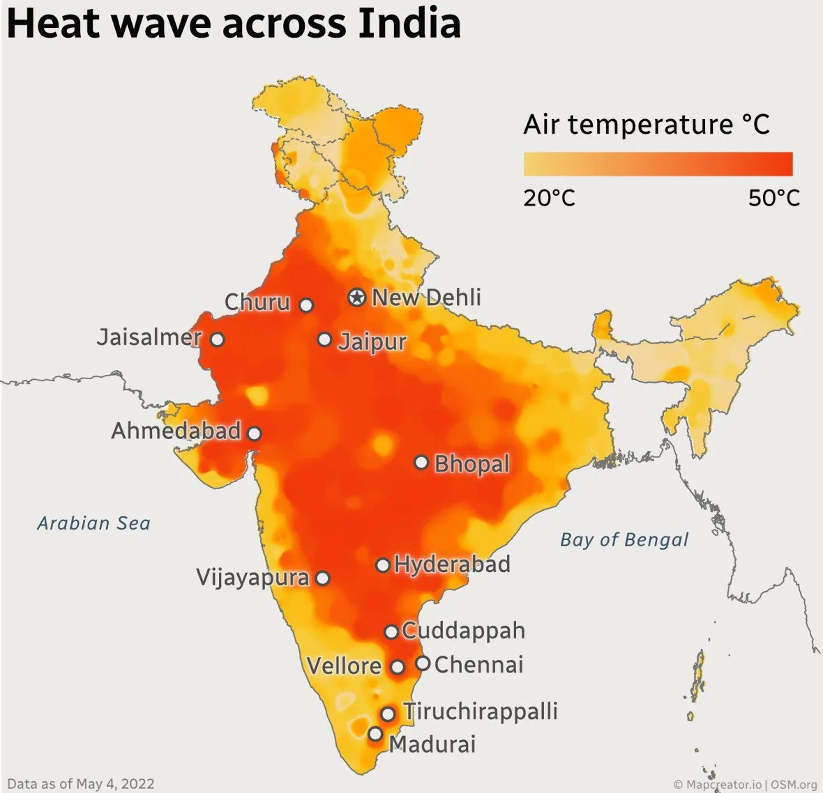 Nhiệt độ tăng lên gần 50 độ C trên gần như toàn bộ đất nước hơn 1,3 tỷ người.