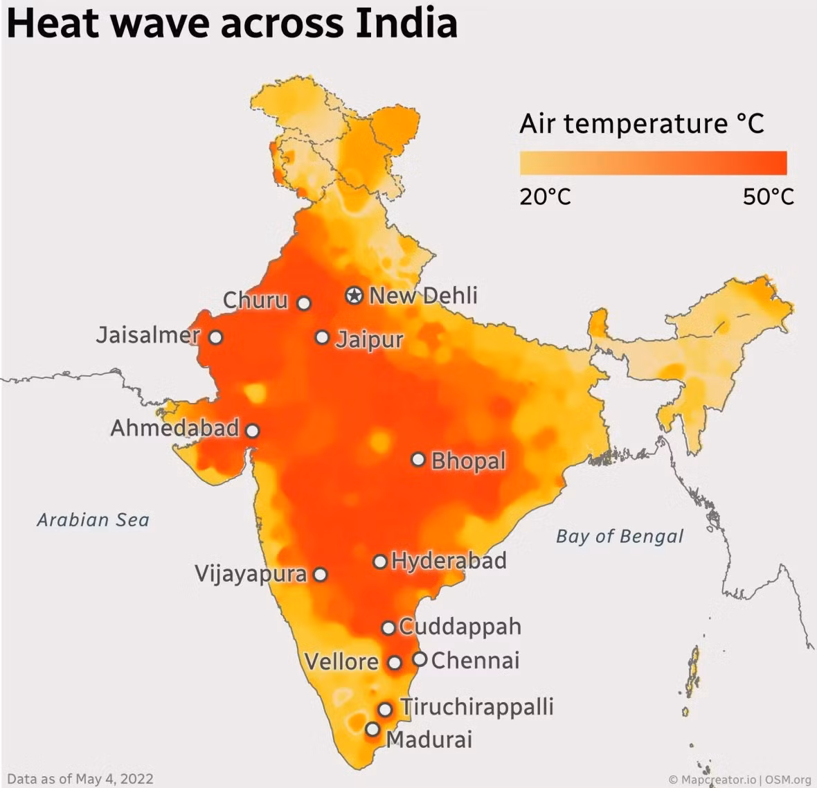 Nhiệt độ tăng lên gần 50 độ C trên gần như toàn bộ đất nước hơn 1,3 tỷ người.