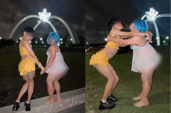 Hai thanh nien mac vay ngan cun roi tao dang chup anh phan cam