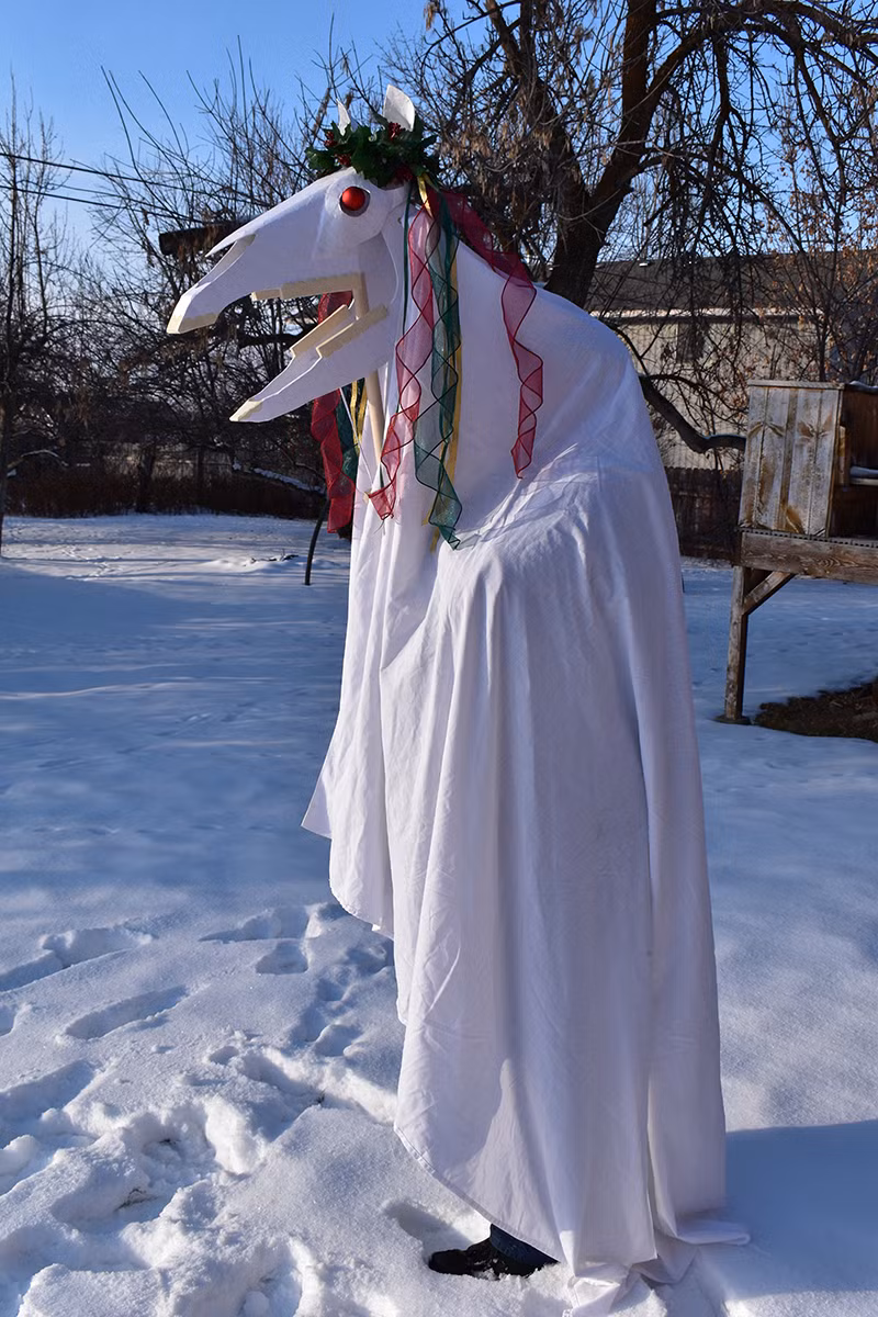 Mari Lwyd có thể là một trong những nhân vật Giáng sinh đáng sợ và kỳ lạ nhất trên thế giới với phần đầu làm từ hộp sọ của một con ngựa đã chết.