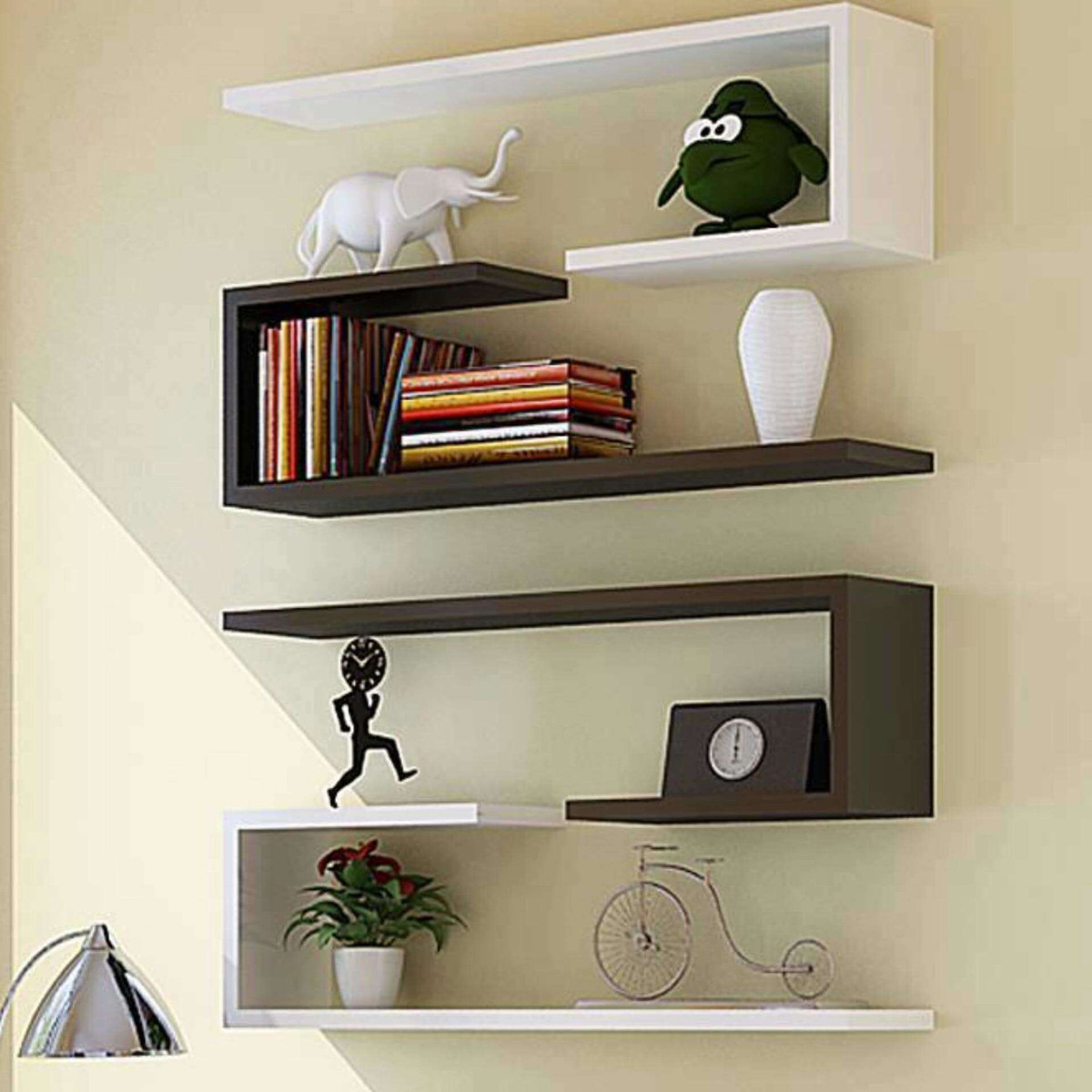 9. Kệ gỗ trang trí hình chữ J: Những mẫu kệ gỗ trang trí phòng khách hình chữ J nằm ngang vừa mềm mại nhưng vẫn có nét cứng rắn phù hợp với các anh chàng độc thân, hoặc những gia đình làm nghề liên quan tới lĩnh vực tiền tệ, kinh tế.