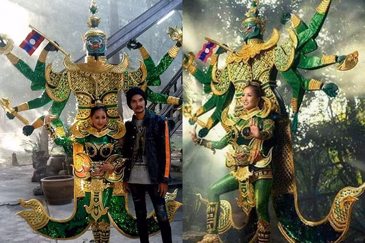  Quốc phục của thí sinh đến từ Lào cũng độc lạ không kém bộ trang phục "Bánh Mì" của đại diện Việt Nam.