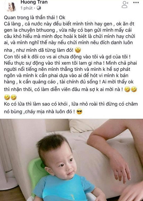 Sau chia sẻ của Bảo Thanh, vợ của Việt Anh ngay lập tức đăng status ẩn ý được nhiều người hiểu là đáp trả Bảo Thanh. Giữa lùm xùm, chia sẻ trên Vietnamnet, Bảo Thanh phủ nhận dòng trạng thái của mình nhắm tới vợ của Việt Anh.