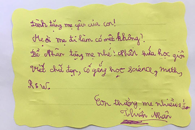 Nữ diễn viên khoe con trai viết thư hỏi thăm sức khỏe của mẹ đồng thời hứa sẽ chăm ngoan, học giỏi.