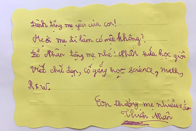 Nữ diễn viên khoe con trai viết thư hỏi thăm sức khỏe của mẹ đồng thời hứa sẽ chăm ngoan, học giỏi.