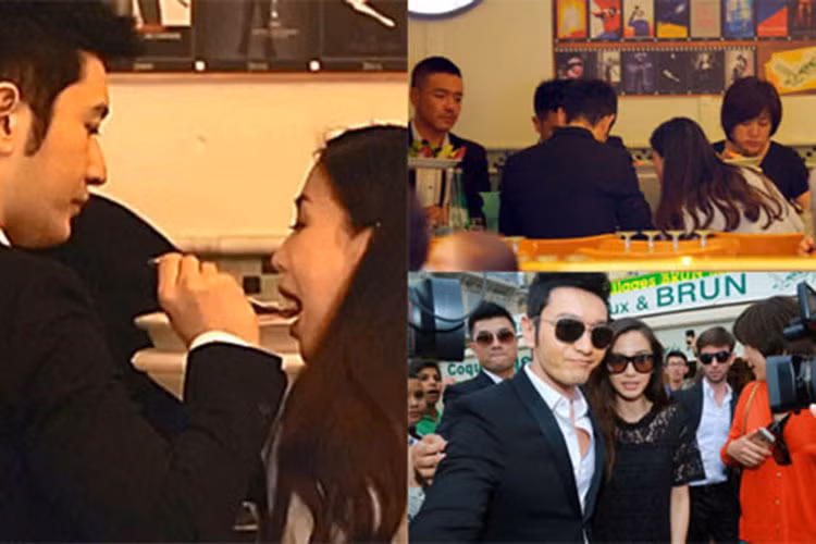 Hình ảnh Huỳnh Hiểu Minh ân cần, chăm sóc Angelababy khi đi ăn tối tại một nhà hàng ở Cannes.