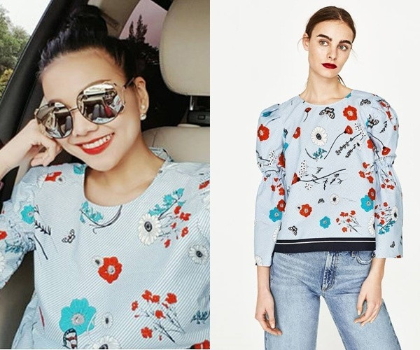 Thanh Hằng cũng từng diện chiếc áo sơ mi tay phồng cổ điển in hoa có giá 900 nghìn đồng.