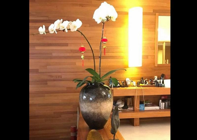 Cách lựa chọn nội thất của anh cũng khá nhẹ nhàng với kệ đựng đồ xinh xắn, chim hạc trang trí hai bên cùng bức tranh treo tường vô cùng nổi bật, liền mạch từ phong cách trang trí đến màu sắc giúp lối vào đẹp tinh tế và nghệ thuật.