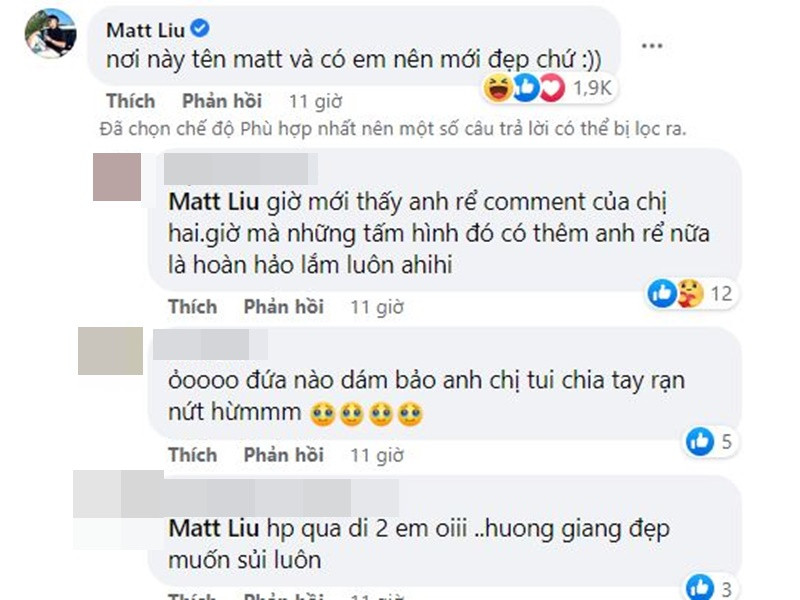Bạn trai của Hương Giang viết: "Nơi này tên Matt và có em nên mới đẹp chứ".
