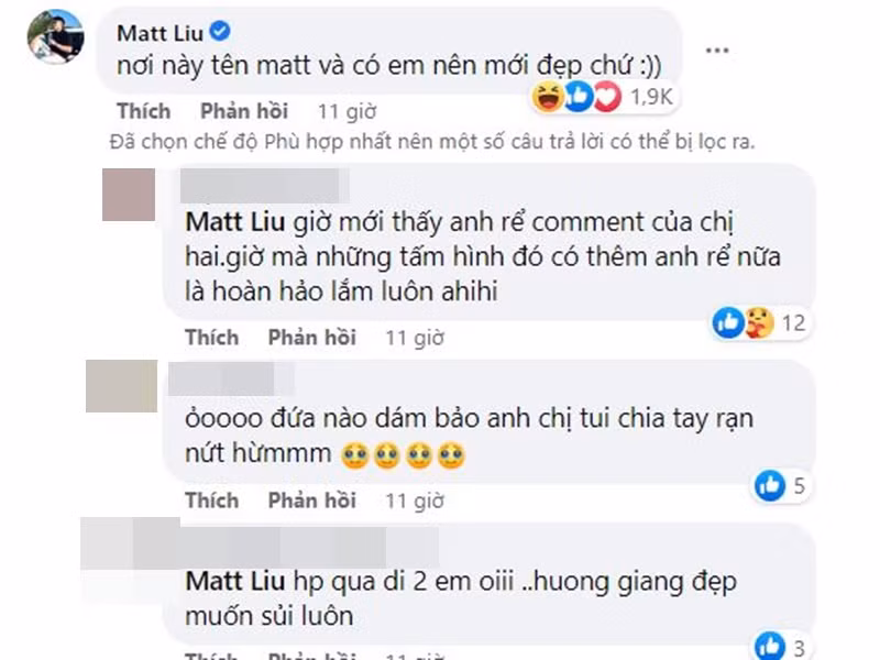 Bạn trai của Hương Giang viết: "Nơi này tên Matt và có em nên mới đẹp chứ".