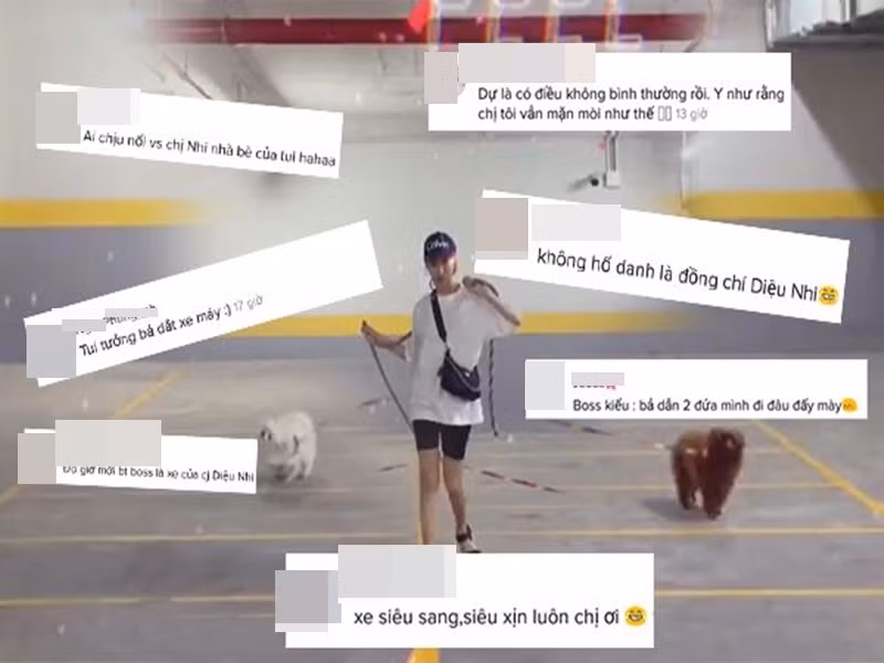 Thay vì siêu xe, Diệu Nhi mang vào clip hai chú cún cưng. Ảnh: Viez